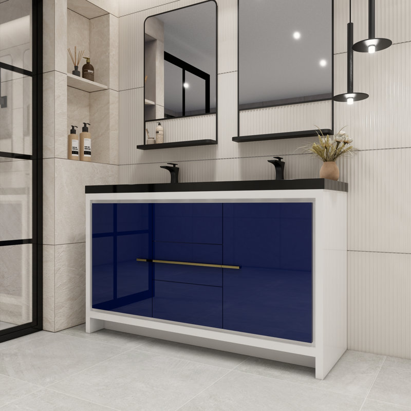Ensemble de meuble-lavabo double 60 po Bayyinahi, Bleu nuit ultrabrillant
