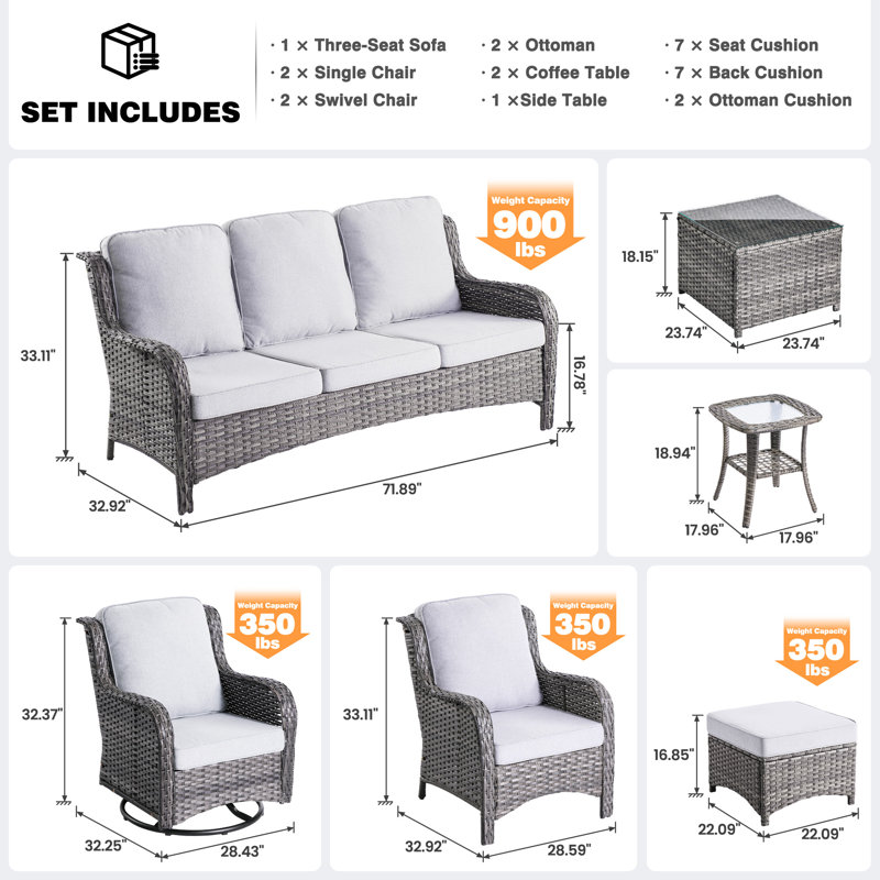 Ensemble de conversation en osier / rotin 7 personnes avec chaises pivotantes et coussins Guilen, Gris, Gris