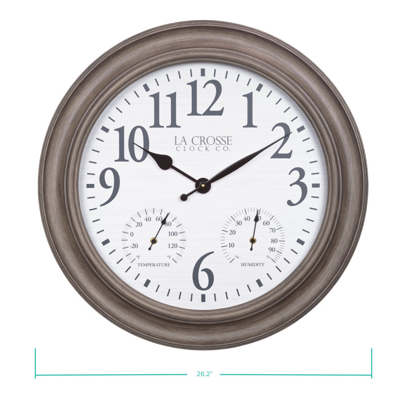 26.2" Quartz Outdoor Brushed Gray Oak Analog Clock with Thermometer & Hygrometer