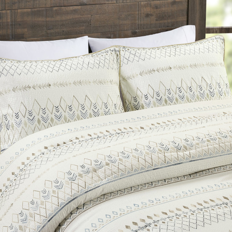 Édredon double / grand - Imprimé seersucker bleu doux et taupe, 2 taies décoratives, literie lavable et machine à jeter le diamant dans une machine à laver commerciale