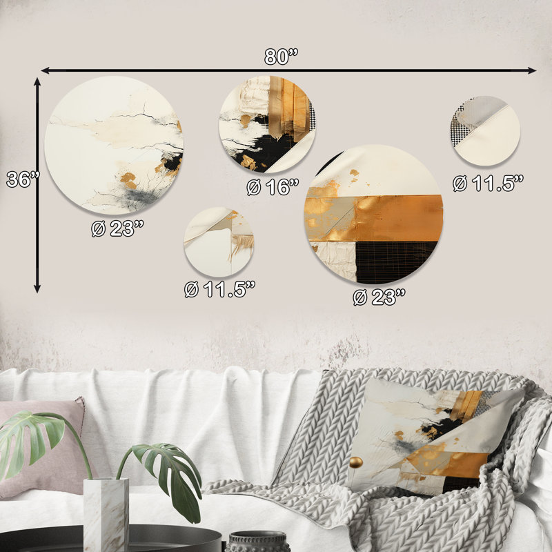 Coucher de soleil gris et or - Collage abstrait VI, ensemble d'art mural rond sur 5