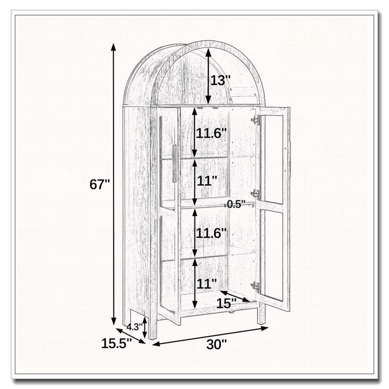 Armoire de rangement arquée avec lampe, cloisons réglables en verre, Noir
