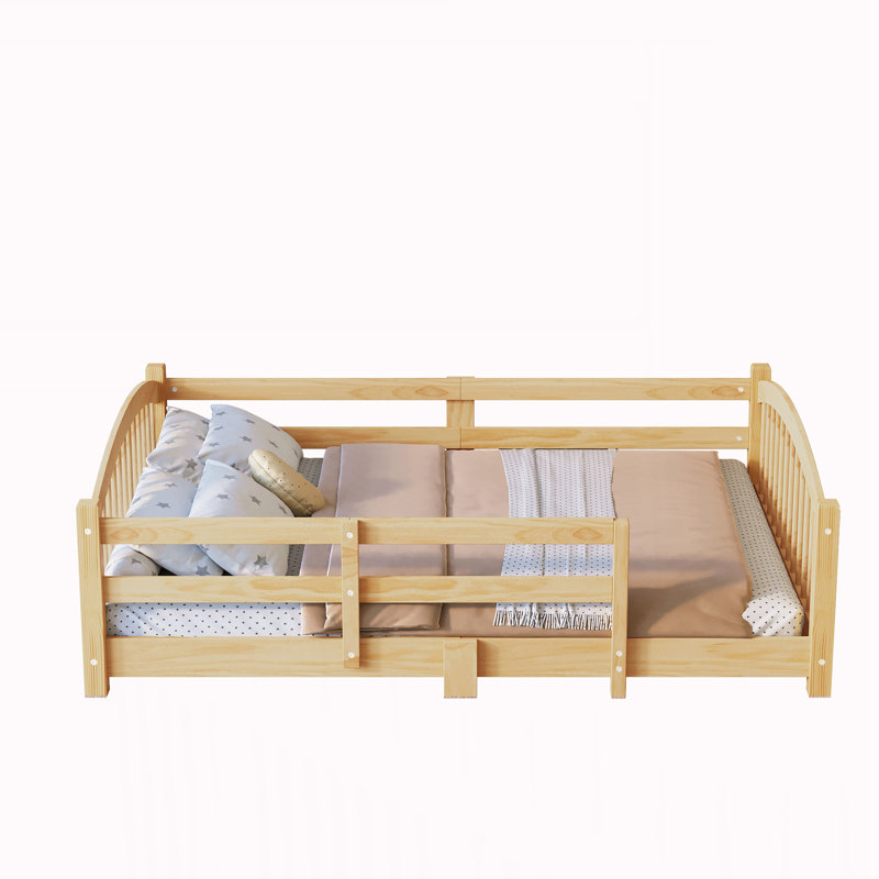 Lit double Montessori avec lattes et barrières de sécurité, Naturel