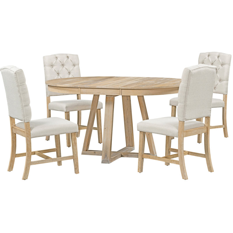 Table de salle à manger à rallonge 5 avec finition naturelle et rallonge de 16 po et 4 chaises, Naturel, Naturel