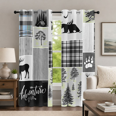 2Pcs Rustic Lodge Patchwork Curtains, Forest Wildlife Theme Curtain, Modern Cabin Plaid Animal Silhouette Printed Grommet Drapes, Window Treatment for Bedroom Living Room Decor