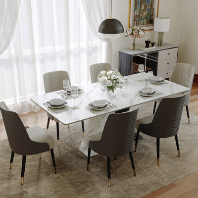 Ensemble de table de salle à manger moderne pour 6 personnes, table de salle à manger en pierre frittée blanche avec chaises rembourrées en polyuréthane