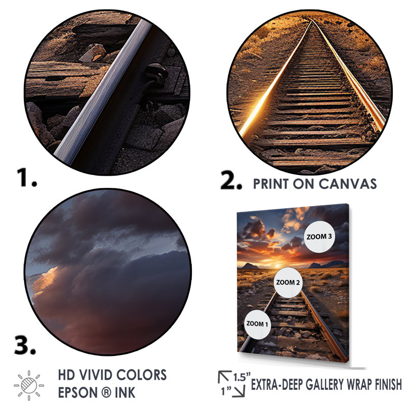 Chemin de fer au coucher du soleil II - reproduction sur toile, Cadre doré simple, H 32 po x l 16 po x P 1 po
