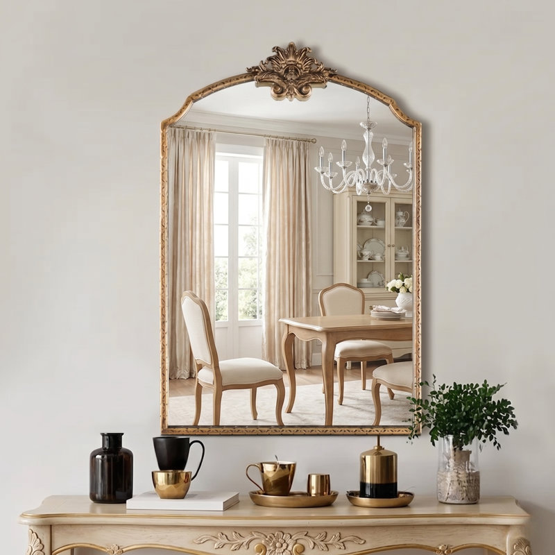 Lindon Arched Iron Wall Mirror, Antique Gold, 30" x 20"