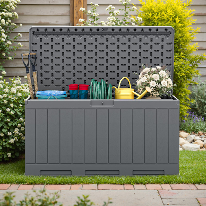 90 Gallon Outdoor Lockable Resin Deck Box For Patio Furniture, Gray
