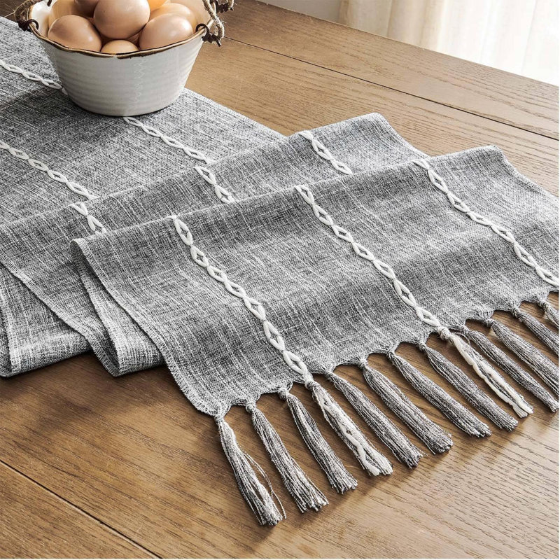 Gray Braided Striped Polyester Table Runner with Tassels