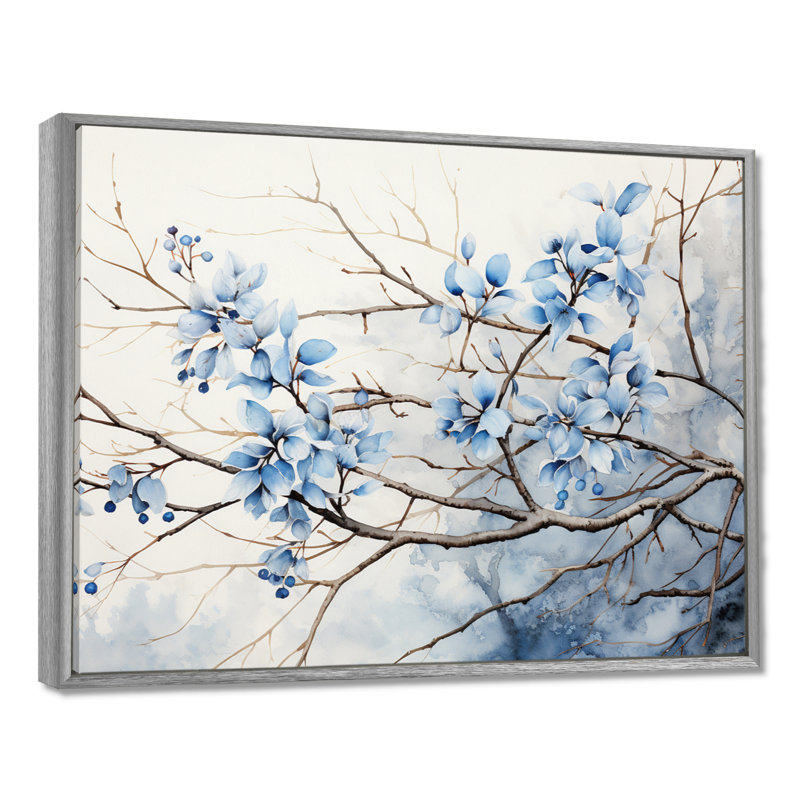 Art sur toile, feuilles bleues et grises, H 24 po x l 32 po x P 1 po, Encadrement argenté