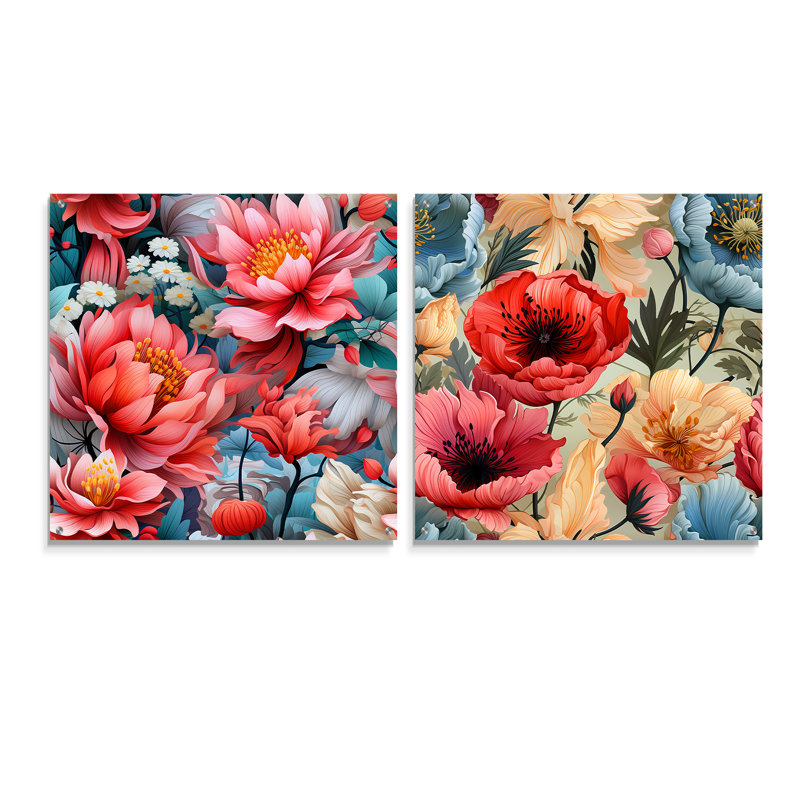 «Blue and Pink Poppies Expression» - Ensemble de 2 reproductions d'art abstrait en acrylique sur verre, H 36 po x l 73 po