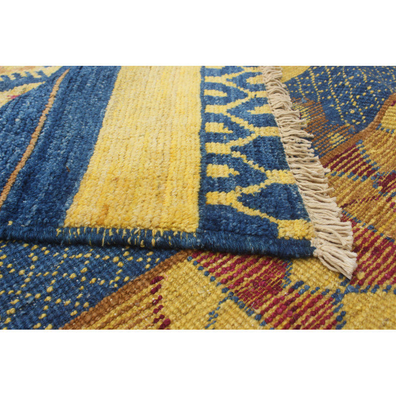 Tapis unique en laine noué à la main jaune et bleu style Mogul des années 2010 de 9 pi x 11 pi 6 po Aspasius