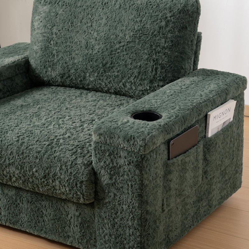 Canapé-lit convertible 42 po en fausse fourrure de lapin avec repose-pieds, porte-gobelets et rangement caché, Vert
