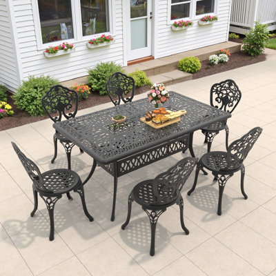Ensemble de salle à manger rectangulaire 7 pièces pour patio, 148 cm de long, avec trou pour parasol, 6 chaises avec une largeur d'assise de 39 cm.