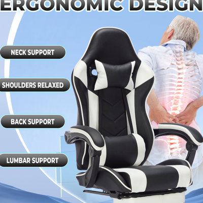 Fauteuil de jeu noir et blanc pour adultes, respirant, avec repose-pieds, support lombaire, réglable 90 - 135, pivotant à 360 °, respirant, avec fonction de massage