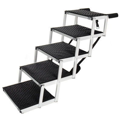 Aluminum Frame Foldable 5-Step Heavy Duty Pet Stairs, Non-Slip Dog Ramp with Soft Foam Handle, Supports up to 250 LBS for Cars, High Beds & Trucks