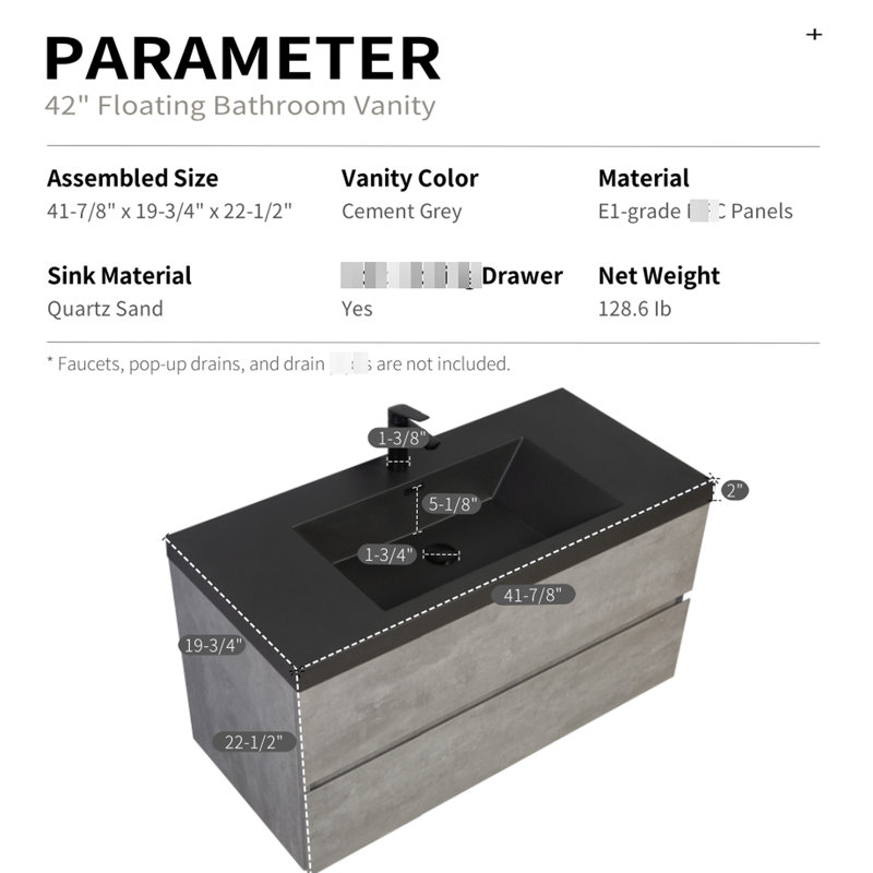 Meuble-lavabo flottant 42 po avec lavabo à sable en quartz noir
