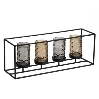 Porte-bougie 4 pots Mev, verre brun gris, cadre en fer noir 16 pouces