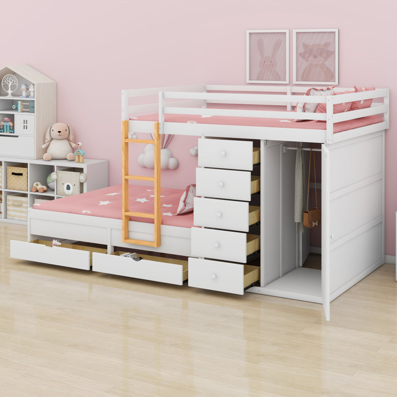 Lit superposé en bois avec petite armoire et 2 grands 5 petits tiroirs de rangement, Blanc