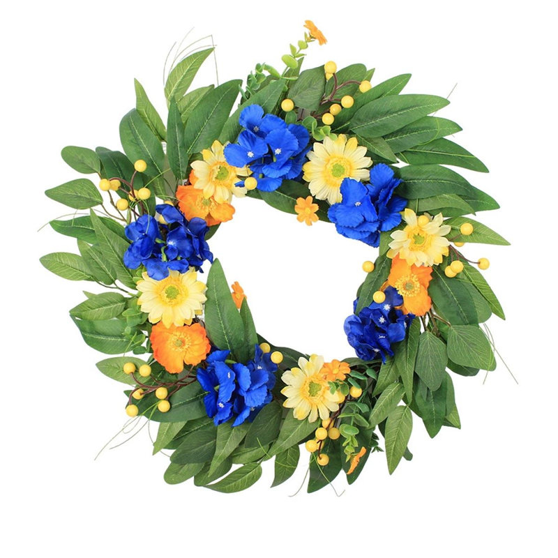 19.7" Summer Blue Hydrangea & Daisy Wreath For Front Door Decor