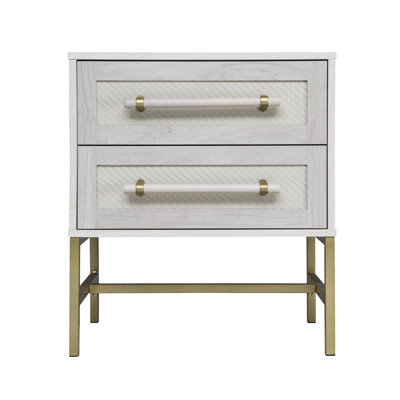 Hopper Studio Sophia 2-Drawer Nightstand in Sand Finish with Woven Look Fronts, Gold-Tone Bar Handles, and Slim Metallic Legs