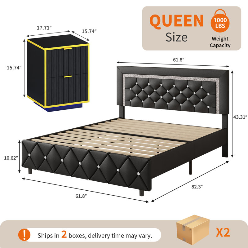 Ensemble de lit plateforme 3 pièces en similicuir capitonné avec base de lit, ensemble de 2 tables de bout modernes à DEL.