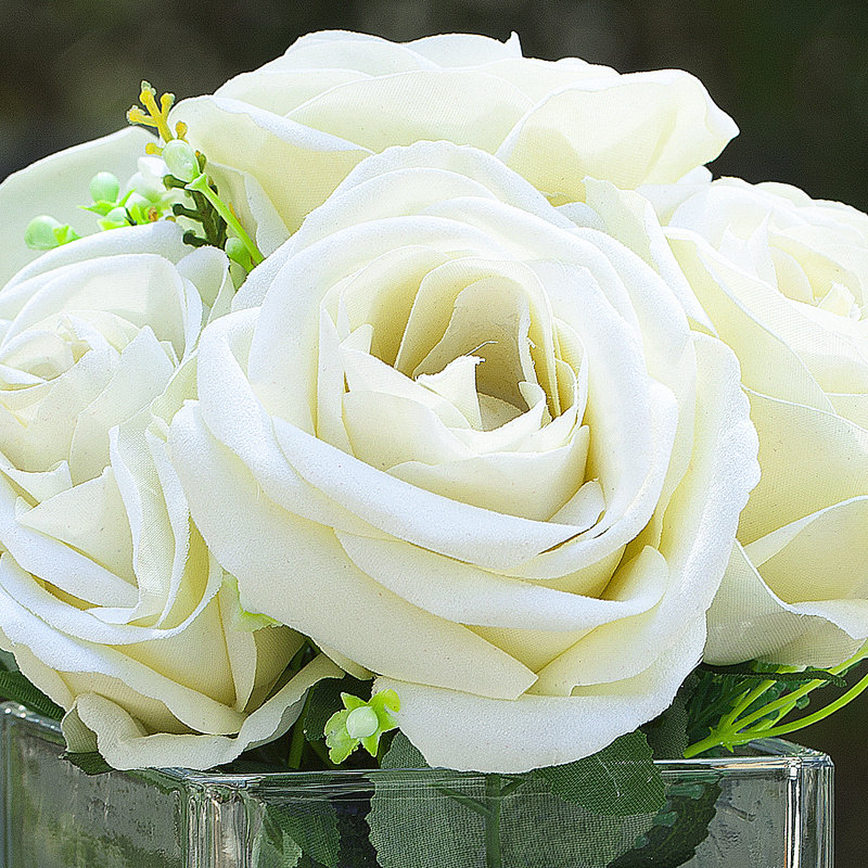Roses artificielles dans un vase en verre cube, Crème