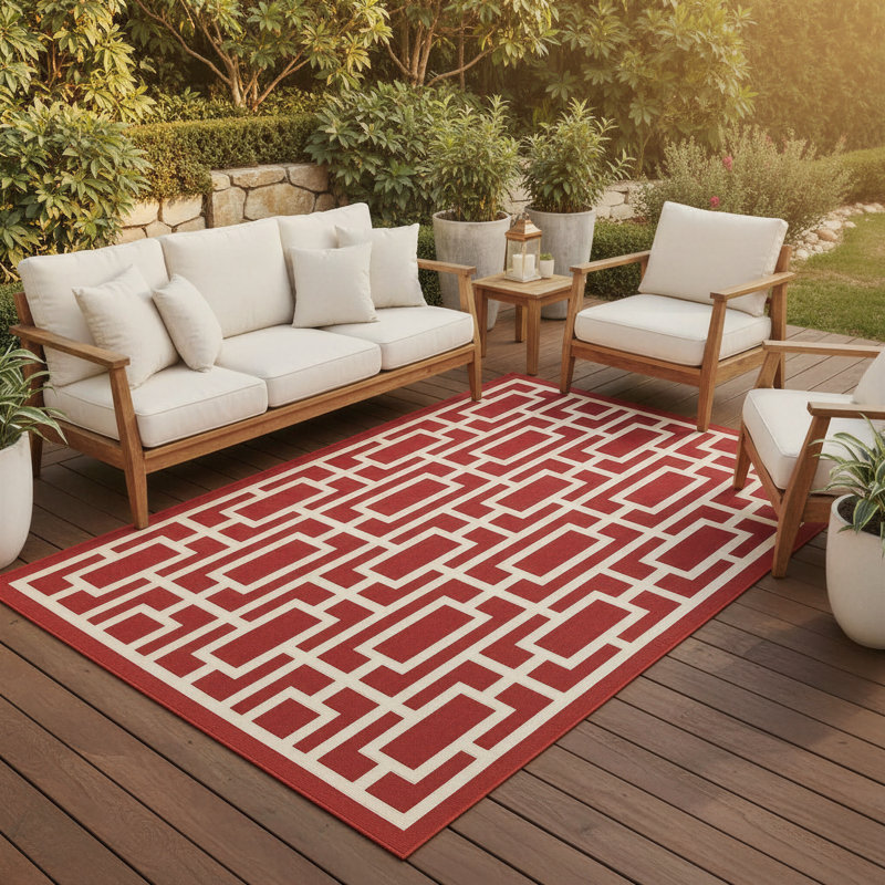 Tapis intérieur / extérieur rouge / ivoire Jacobson, Rectangle 5 pi 3 po x 7 pi 6 po