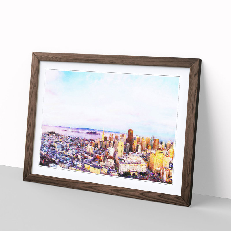 San Francisco Under a Pink Sky - Picture Frame Painting Print, 45cm H x 63cm W x 2cm D, Walnut Framed