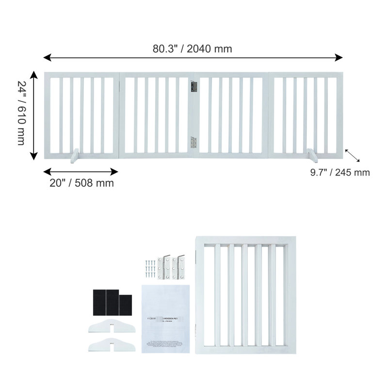Barrière pour animaux autoportante 24 po H x 80,3 po l, 4 panneaux pliables, extensible pour les escaliers d'intérieur, conception en bois blanc avec support de pied coulissant silencieux et panneau de fonction stable pour chien très large, zones, solide