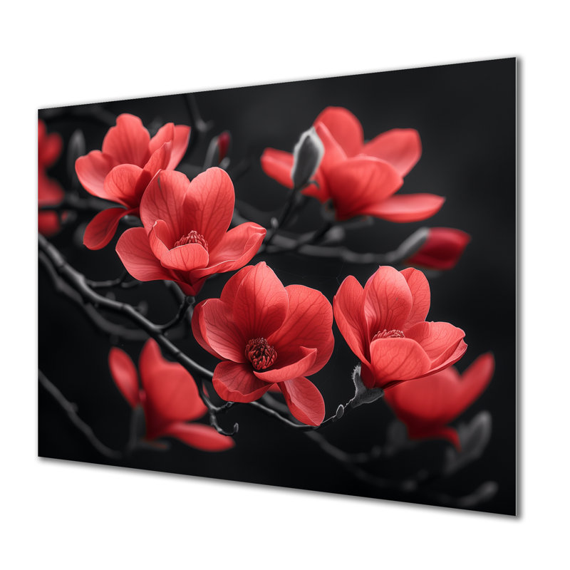 «Magnolias Photo II» - art mural rouge, Sans cadre, métal, H 30 po x l 40 po