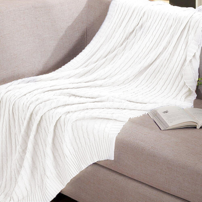 Couverture en coton tricoté , Blanc, L 67 po x l 51 po