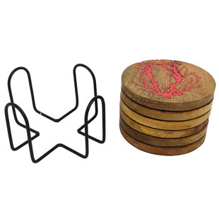Wood 6 Piece Coaster Set With Holder