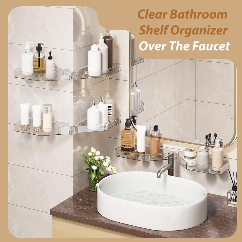 Adhésif de tablette de douche - Transparent - Support de coin en acrylique pour salle de bain et cuisine, rotatif, sans perçage, avec trous de drainage pour le rangement de la douche