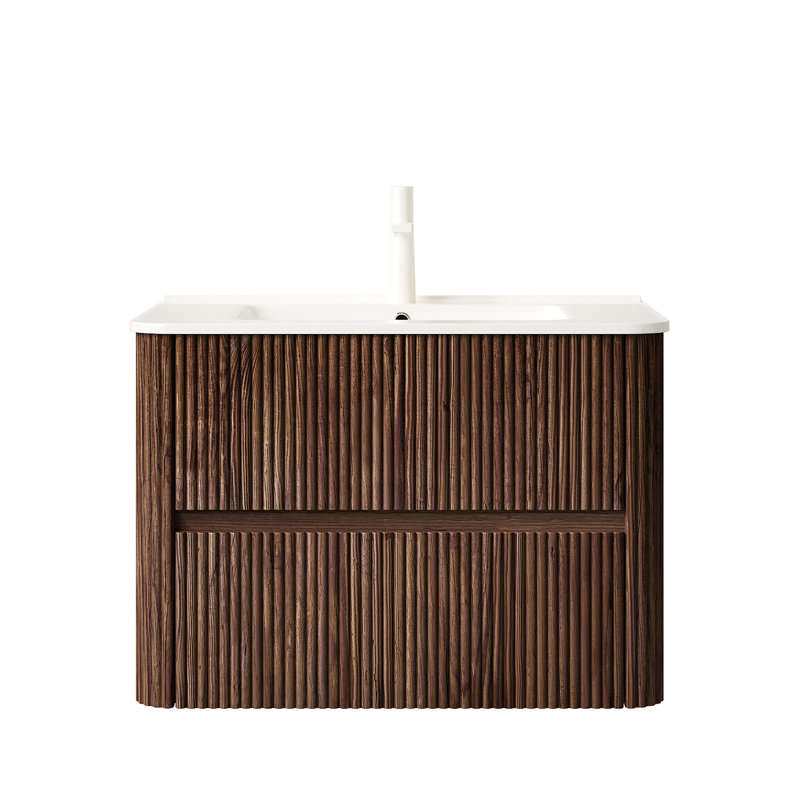 Meuble-lavabo 30 po avec lavabo, armoire de rangement murale en contreplaqué flottant avec 2 tiroirs en céramique, sans robinet, pré-assemblé