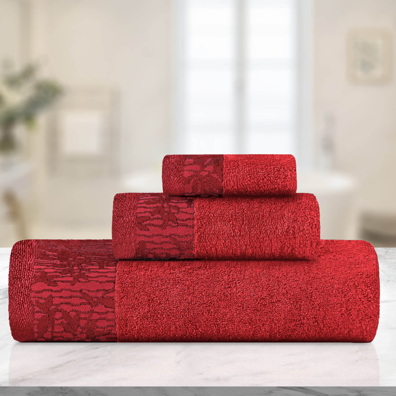 Carinna Cotton Medium Weight Floral Jacquard Border Assorted Bathroom Towel Set, Garnet, 3 Piece Towel Set