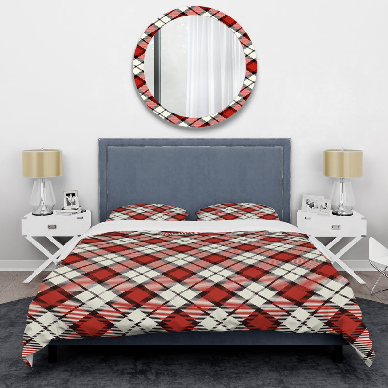 Tartan à carreaux rouge et blanc - Ensemble de housse de couette abstrait - Microfibre de polyester