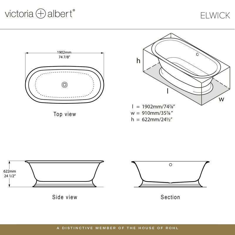 Elwick 74-7/8" x 35-7/8" Freestanding Soaking Pedestal Bathtub in Volcanic Limestone with Overflow Hole