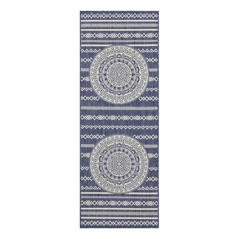 Sunshine Blue Indoor/Outdoor Runner Rug 2'7'' x 7'3'' - Stain Resistant Flatweave Entryway Patio Rug for Kids & Pets