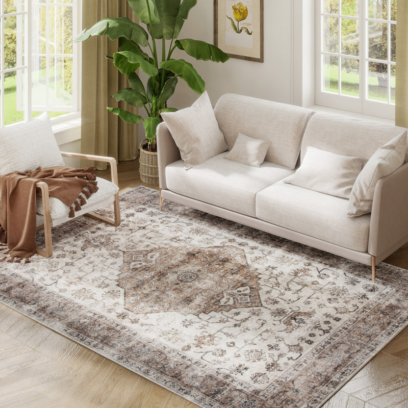 4x6 Area Rug, Vintage Machine Washable Rug, Non-Slip Floor Carpet for Living Room, Bedroom, Dining Room, Home Office, Tan