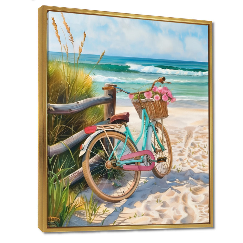 Vélo bleu sur le sentier de la plage côtière - art mural côtier, Toile avec cadre flottant or, H 20 po x l 12 po x P 1 po