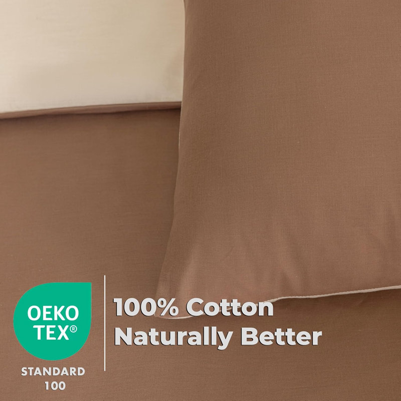 Reversible 100% Cotton Duvet Cover Set, Luxury Cotton Duvet Cover with Pillowcases, Soft & Breathable, Double, Brown