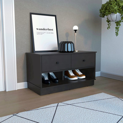 Storage Bench Beji, Lower Shelf, Two Drawers, Black Wengue Finish