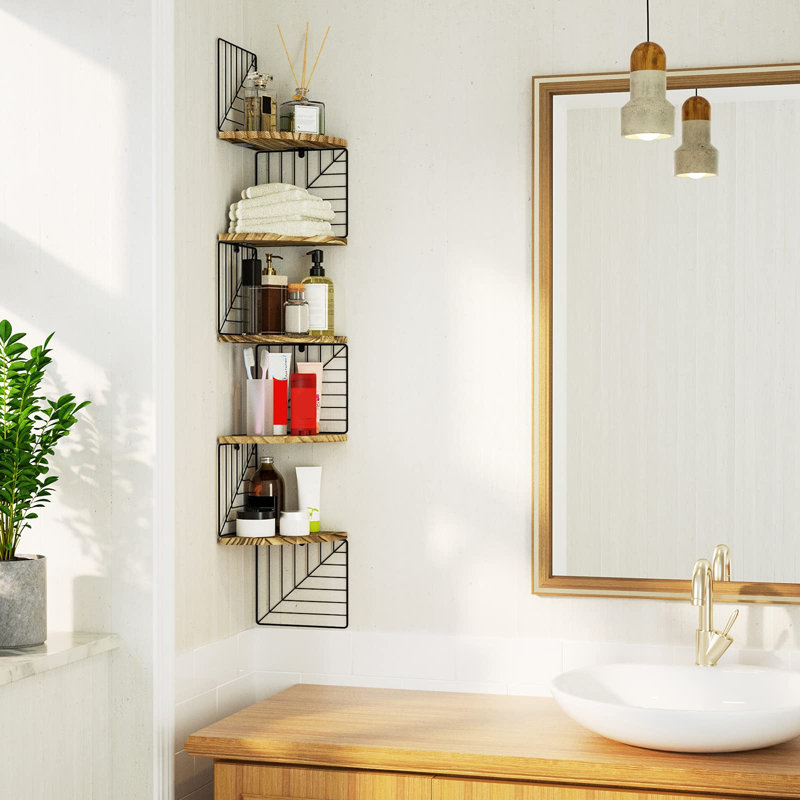 Tablette de coin murale à 5 niveaux avec tablettes flottantes rustiques en bois pour chambre à coucher, salon, salle de bain, cuisine, bureau, etc.
