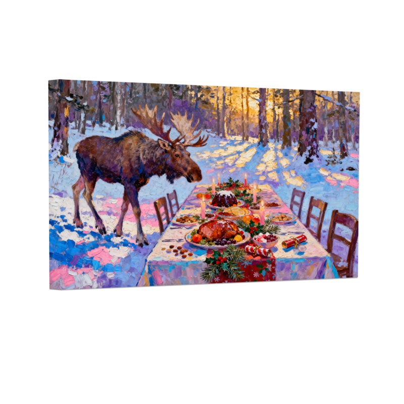 Orignal de Noël à la table de Noël en forêt, H 24 po x l 36 po