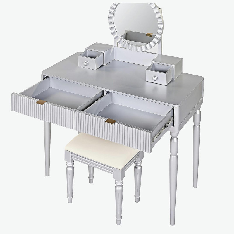 Luxury Vanity Desk with Round Mirror,Height-Adjustable, Stylish Dressing Table Set, 4 Drawers & Stool, Silver, Silver