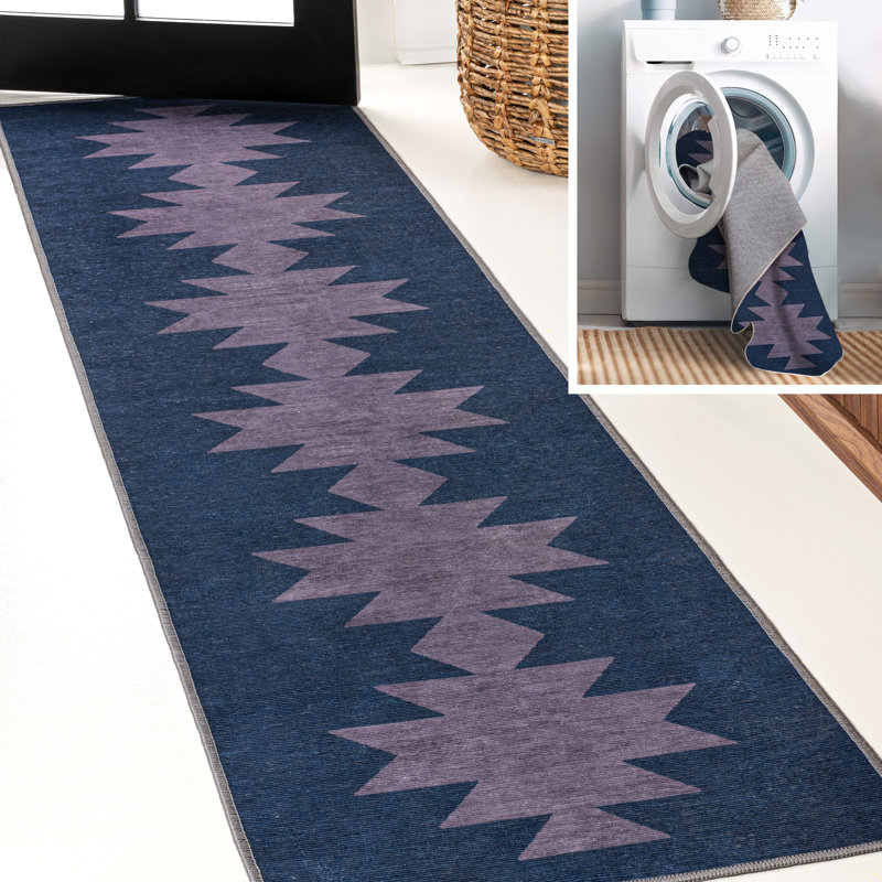 Katriel Minimalist Geometric Machine-Washable Navy/Purple Rug, Runner 2' x 8'