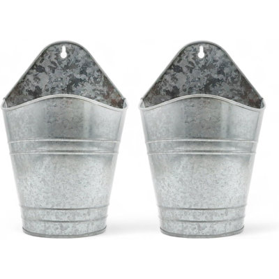 Hosley Set of 2 Galvanized Wall Planters, 10 Inch Hanging Metal Buckets for Indoor Outdoor Garden, Farmhouse Wall Decor, Rustic Patio & Balcony Planter Pots