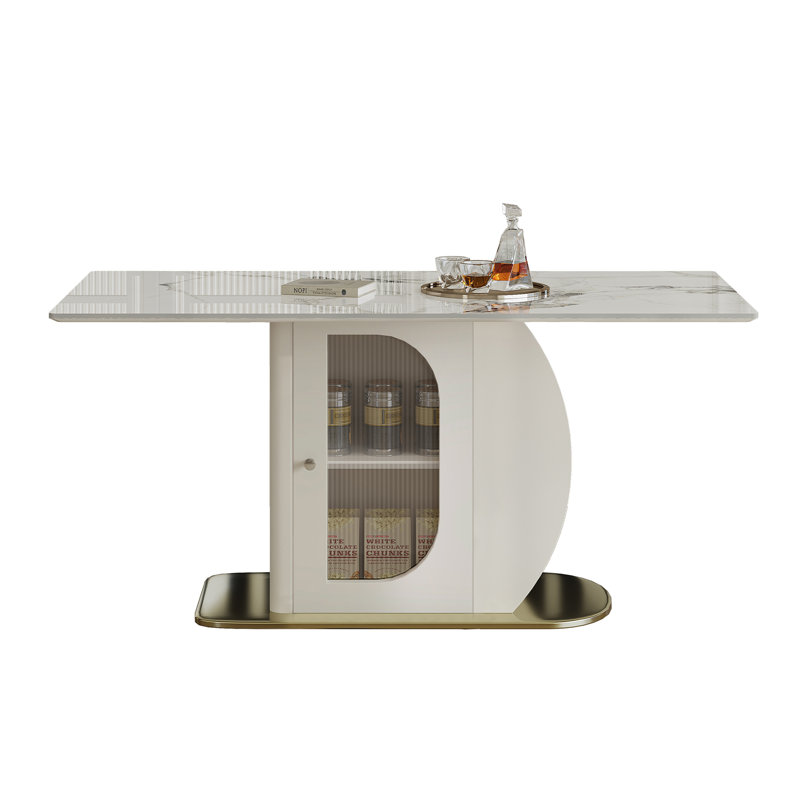 63" Modern Dining Table For 4-6 People, Kitchen Table With Storage Shelf & Acrylic Door Cabinet, Sintered Stone Tabletop With Solid Wood Base, Perfect For Apartments And Family Use
